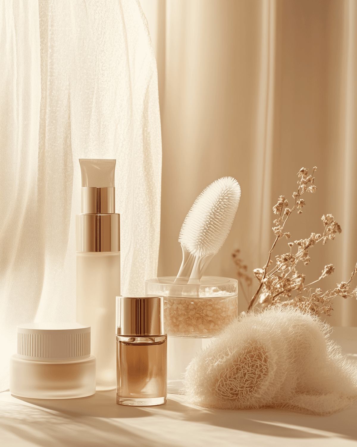 Aura skincare with dried flowers in soft beige light