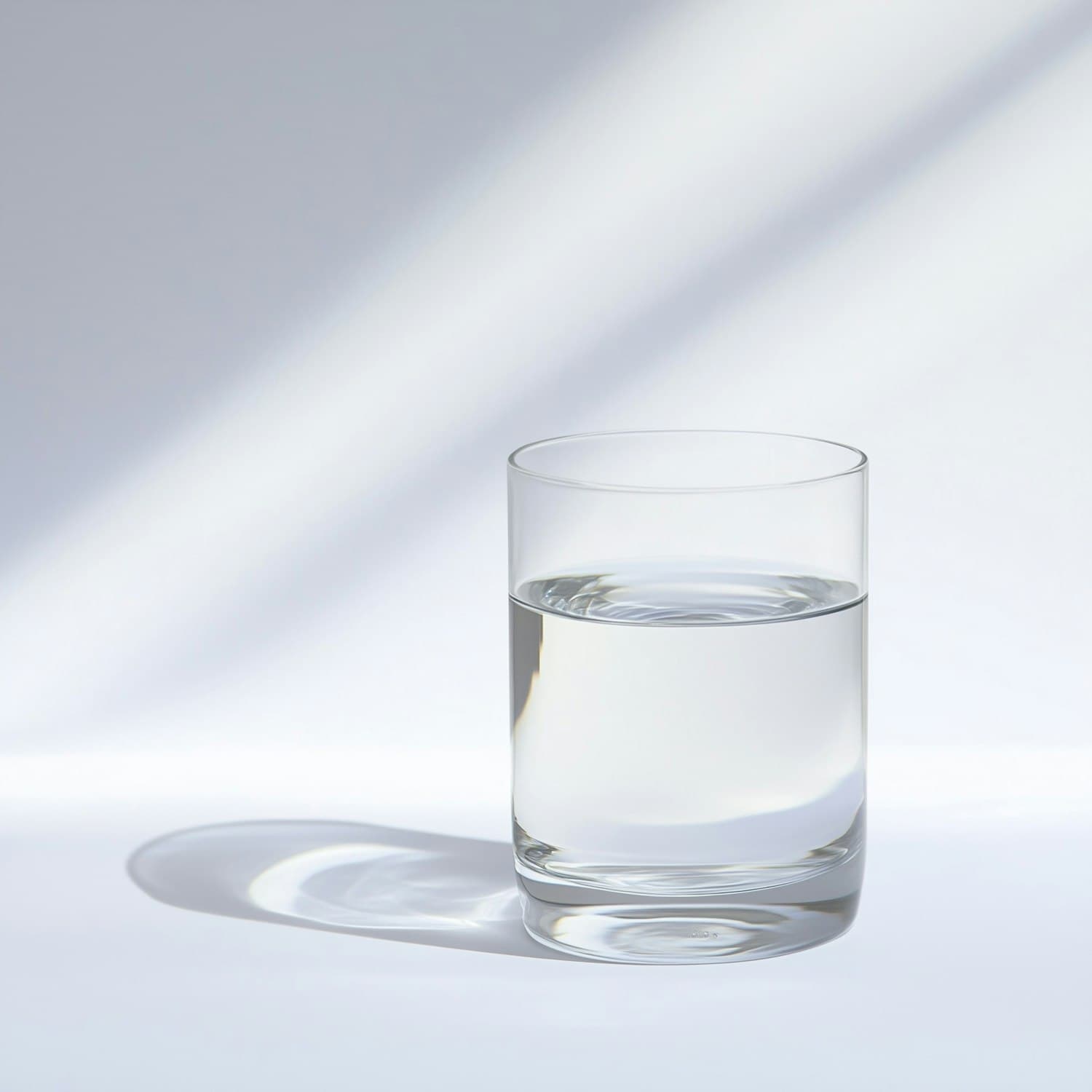 Clear glass of water casting soft refractions on white