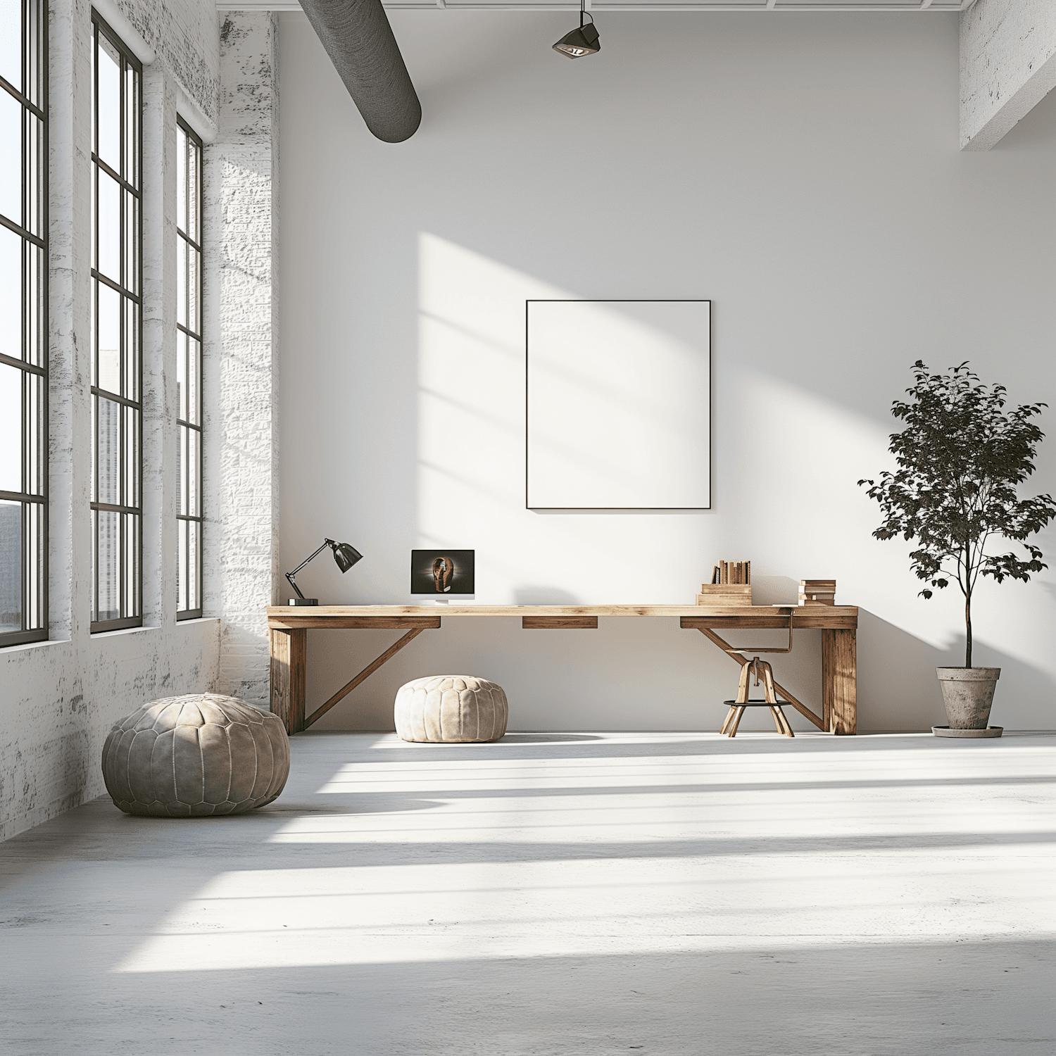 Guest room with a wooden desk and poufs under tall windows