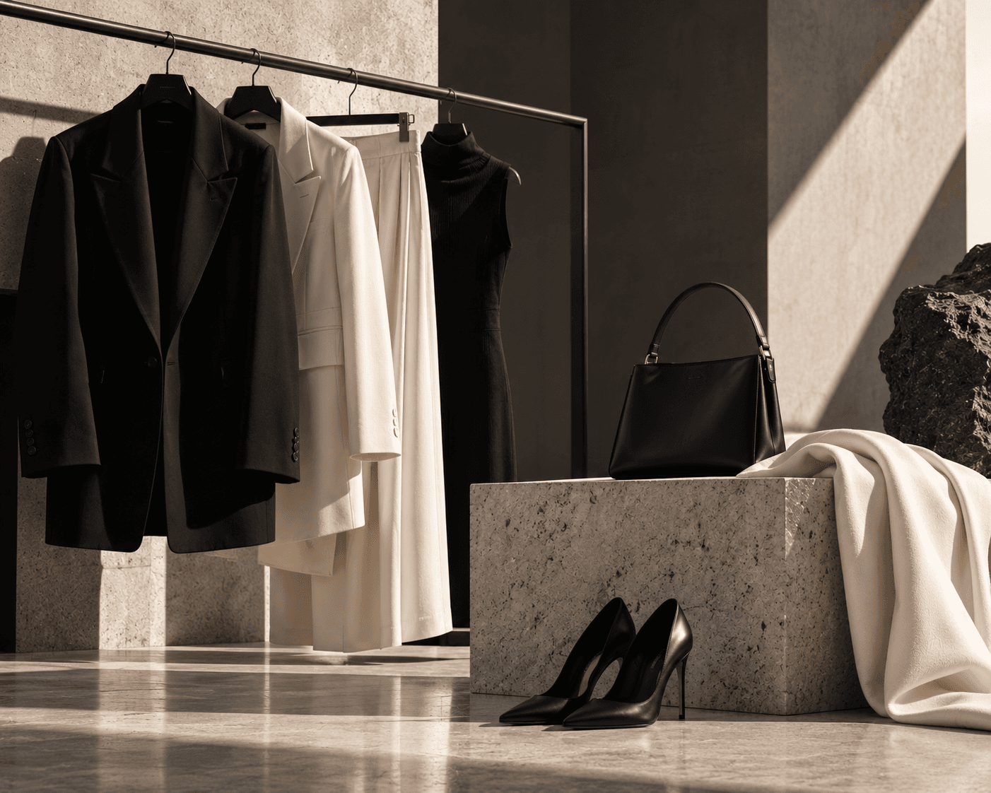 Black and ivory Vanta pieces on a rail beside a black bag and heels on a stone plinth