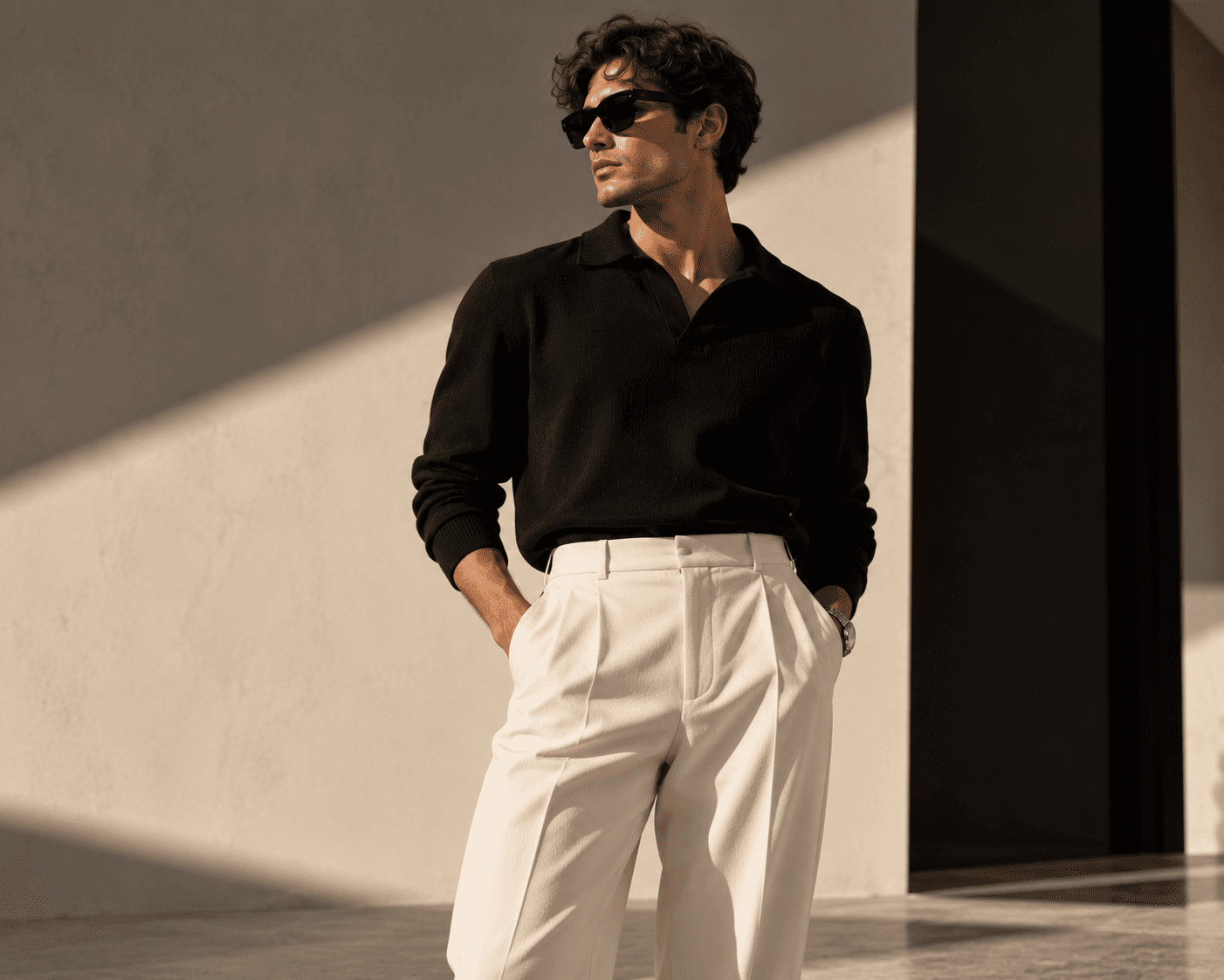 Man in a black knit polo and ivory pleated trousers standing in low sun against a plaster wall